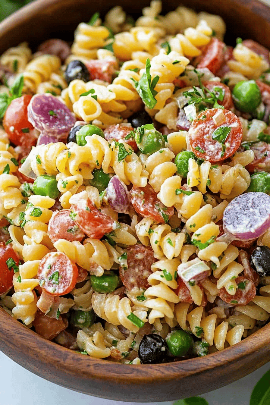 Italian Pasta Salad ingredients organized and measured on kitchen counter