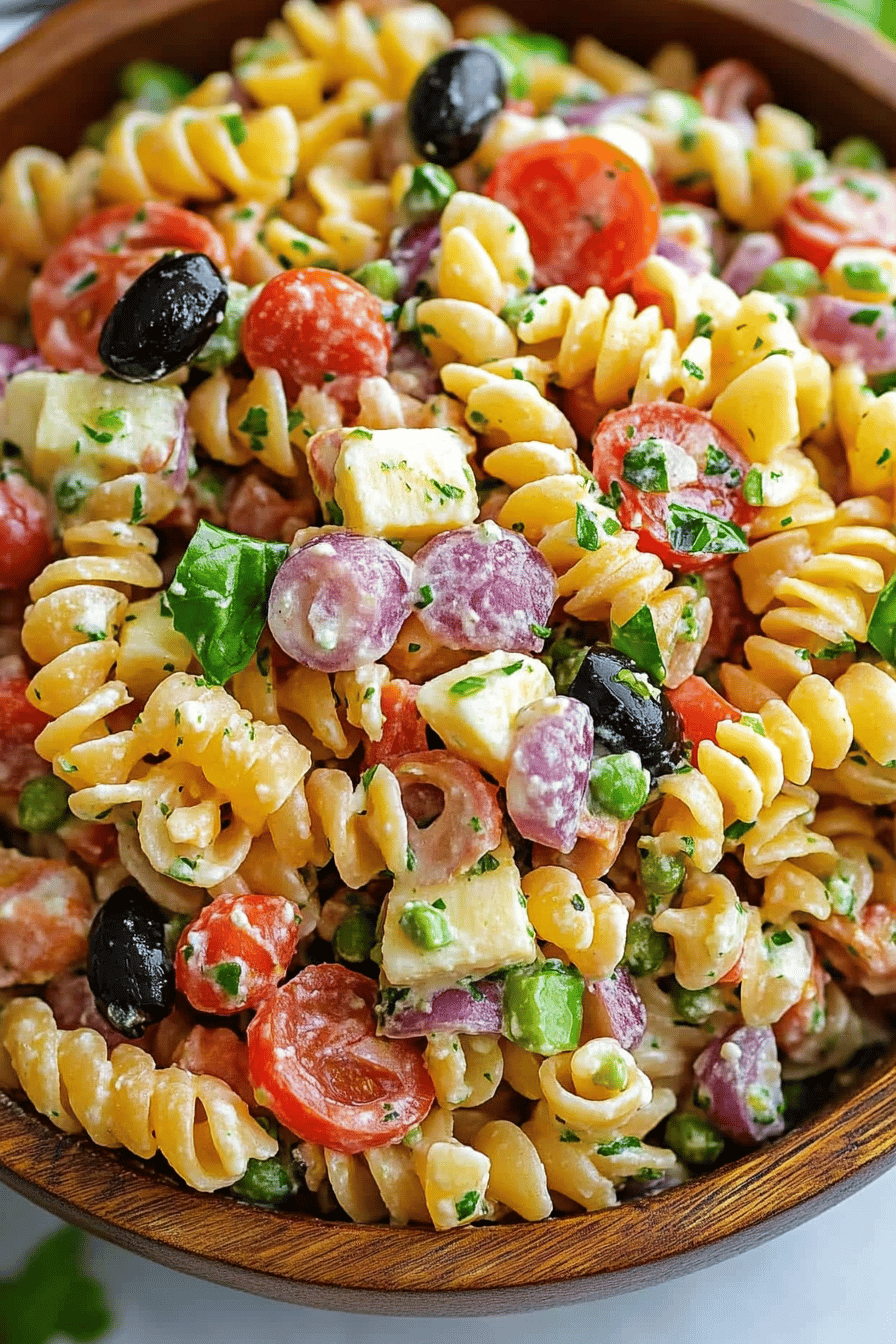 Italian Pasta Salad slice on plate showing perfect texture and swirl pattern