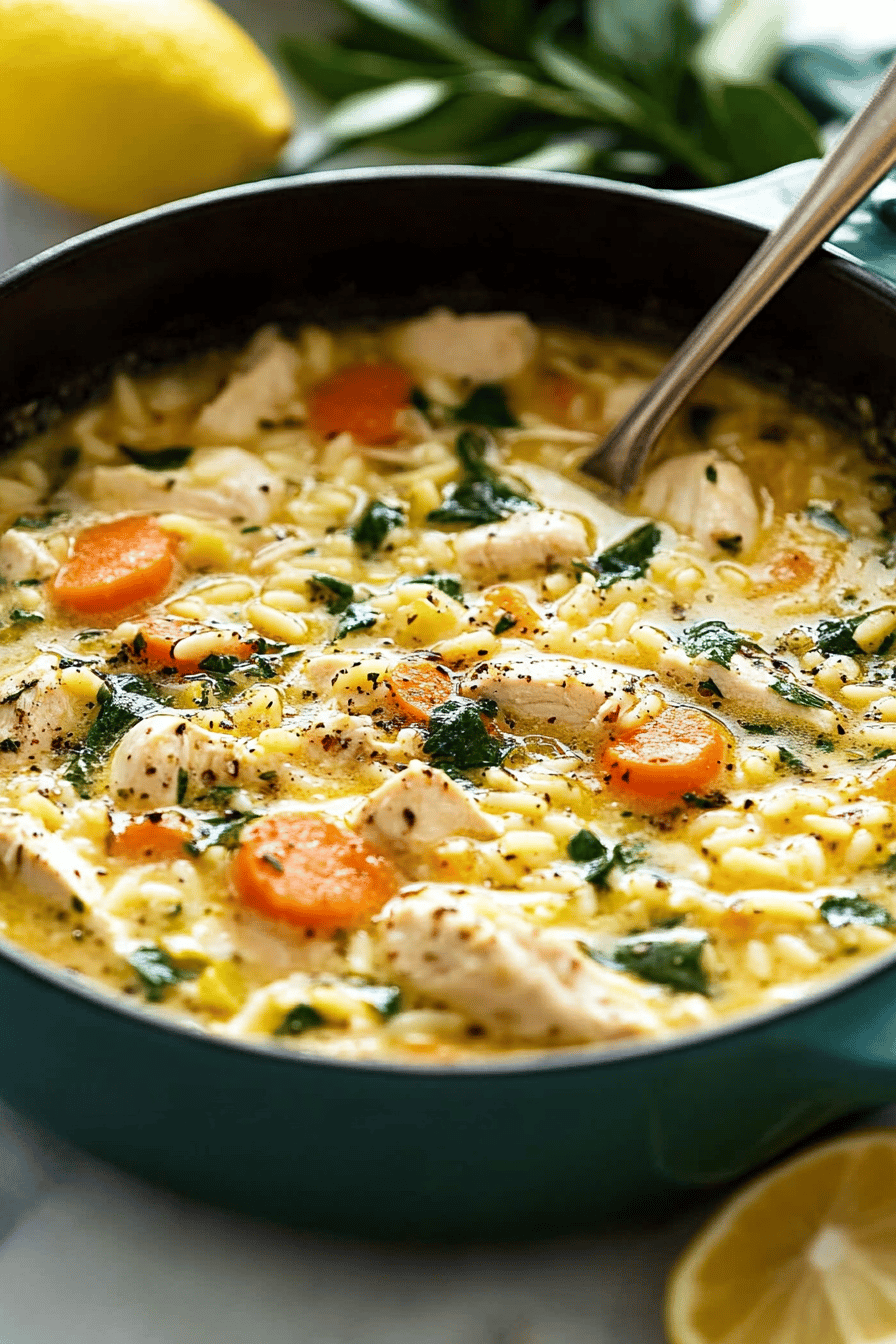 Lemon Chicken Orzo Soup final dish beautifully presented and ready to serve