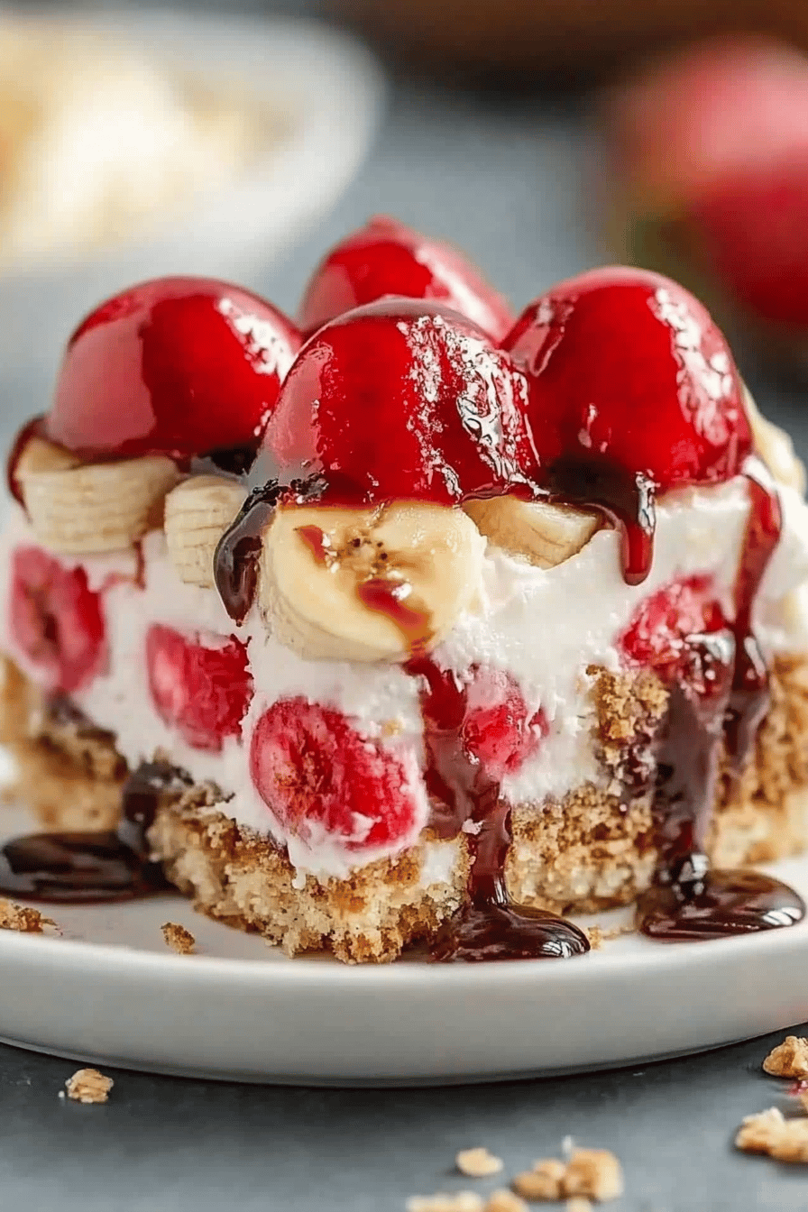 No-Bake Banana Split Cake final dish beautifully presented and ready to serve
