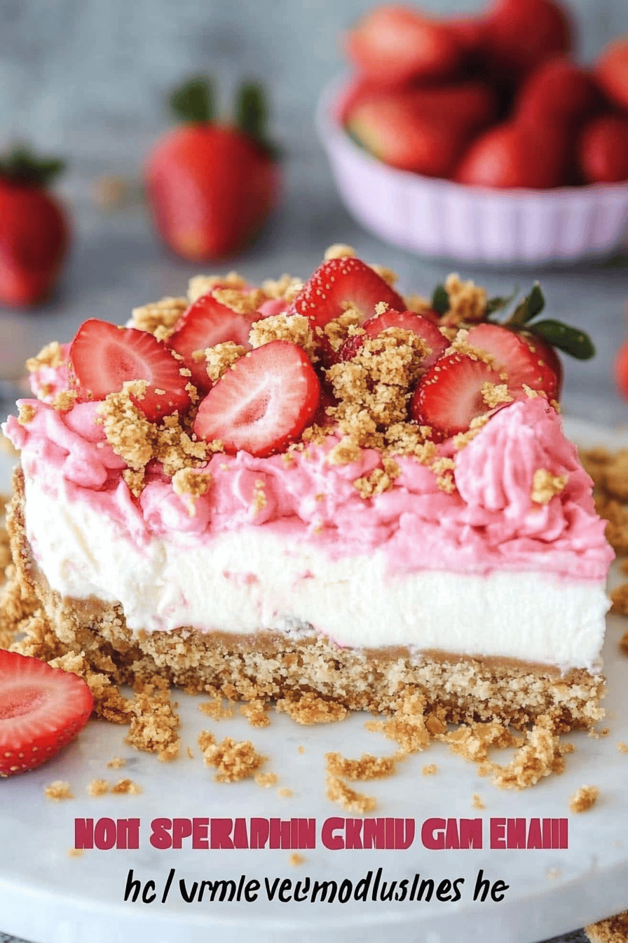 No-Bake Strawberry Crunch Cheesecake final dish beautifully presented and ready to serve