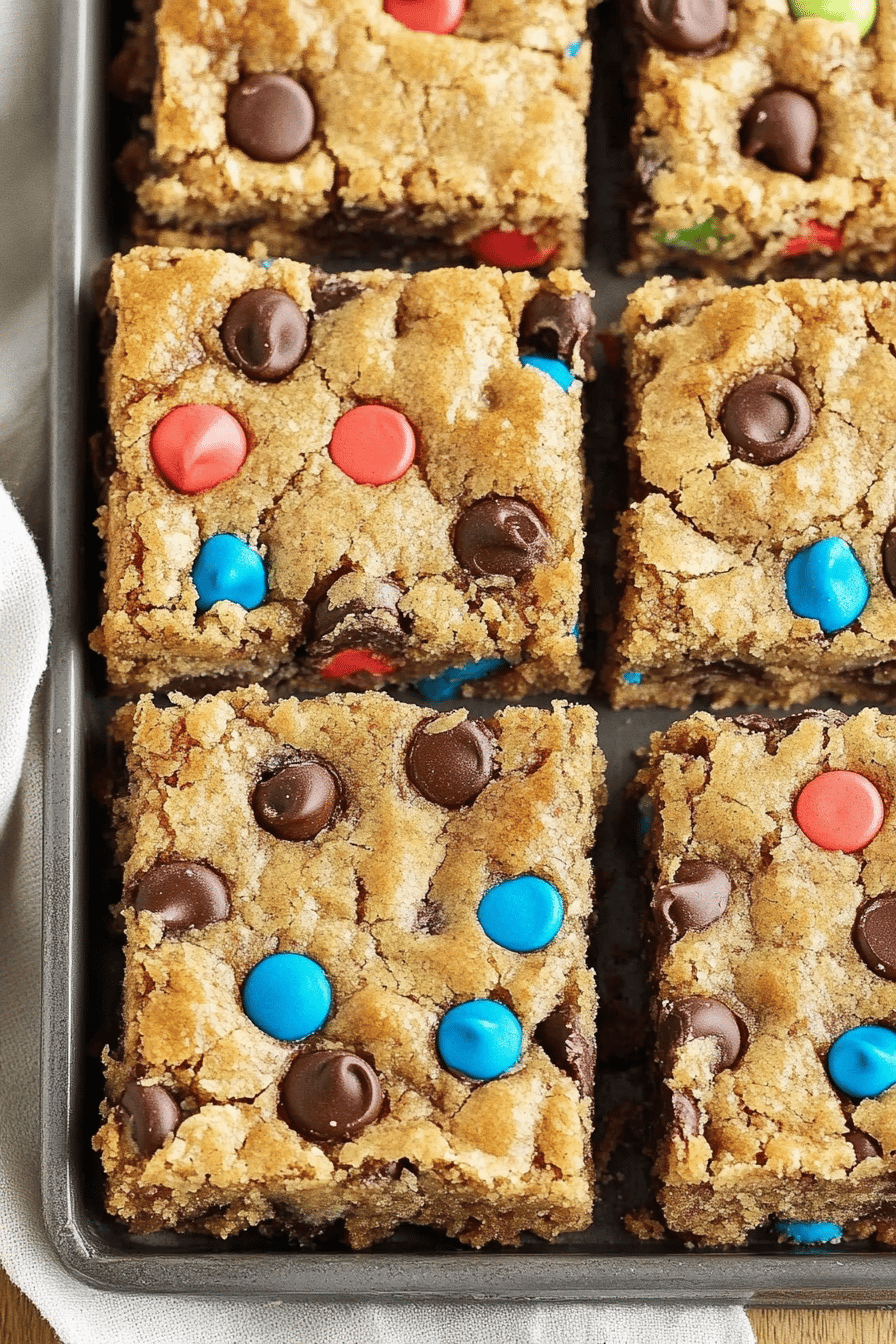No Flour Monster Cookie Bars final dish beautifully presented and ready to serve