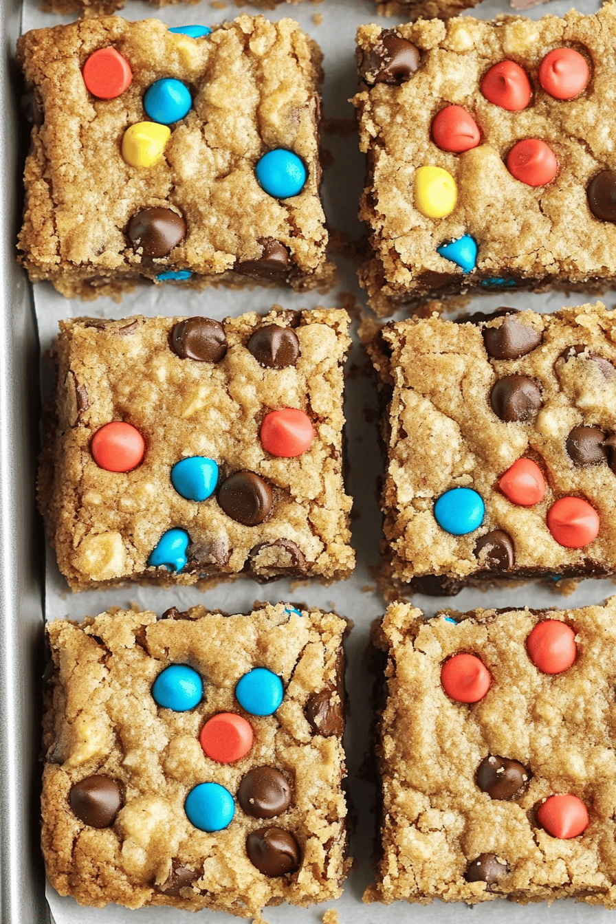No Flour Monster Cookie Bars ingredients organized and measured on kitchen counter