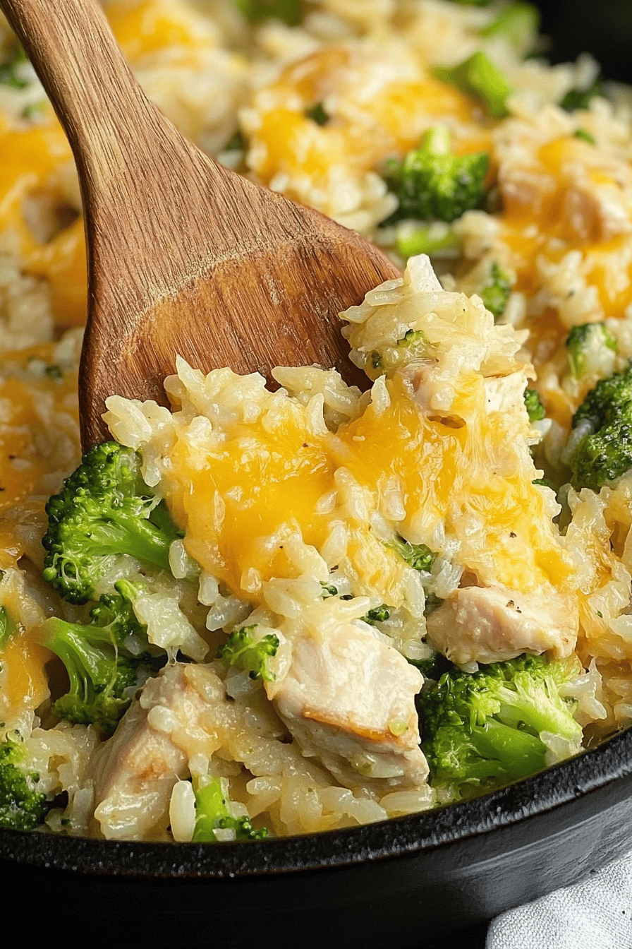 One Pot Cheesy Chicken Broccoli Rice final dish beautifully presented and ready to serve