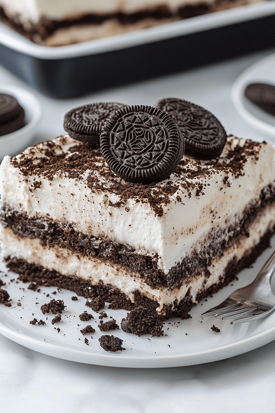 Oreo Lasagna Dessert final dish beautifully presented and ready to serve