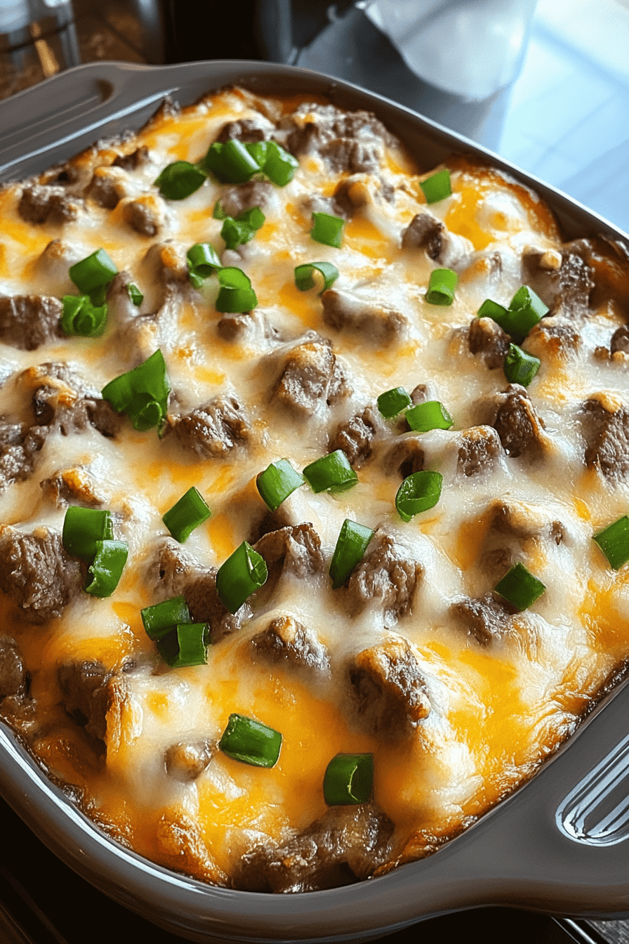 Philly Cheese Steak Casserole final dish beautifully presented and ready to serve