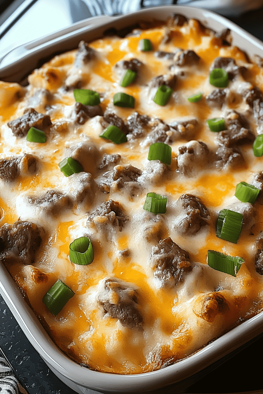 Philly Cheese Steak Casserole ingredients organized and measured on kitchen counter