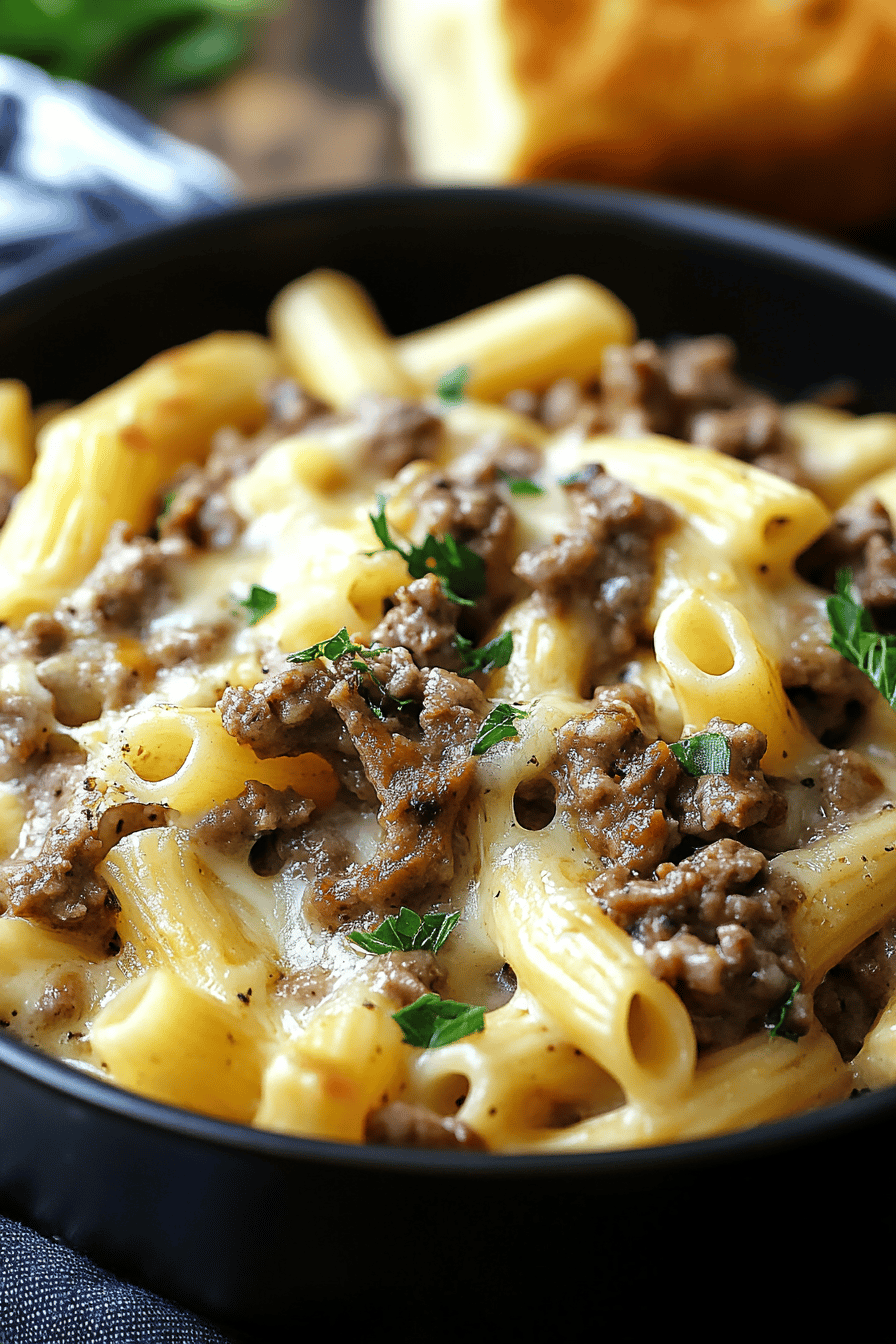 Philly Cheesesteak Pasta final dish beautifully presented and ready to serve