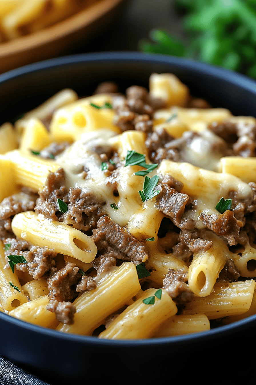 Philly Cheesesteak Pasta ingredients organized and measured on kitchen counter