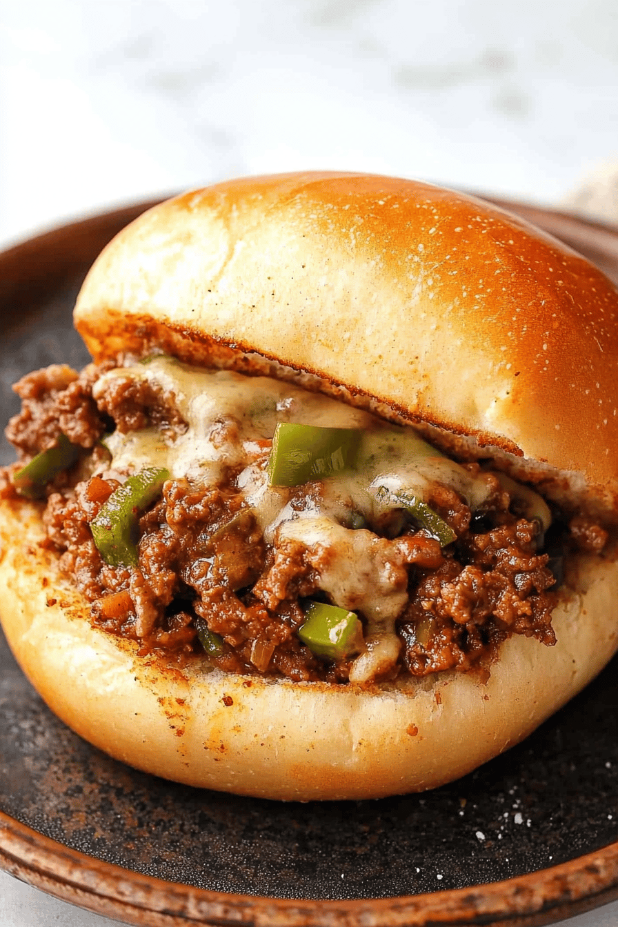 Philly Cheesesteak Sloppy Joes final dish beautifully presented and ready to serve