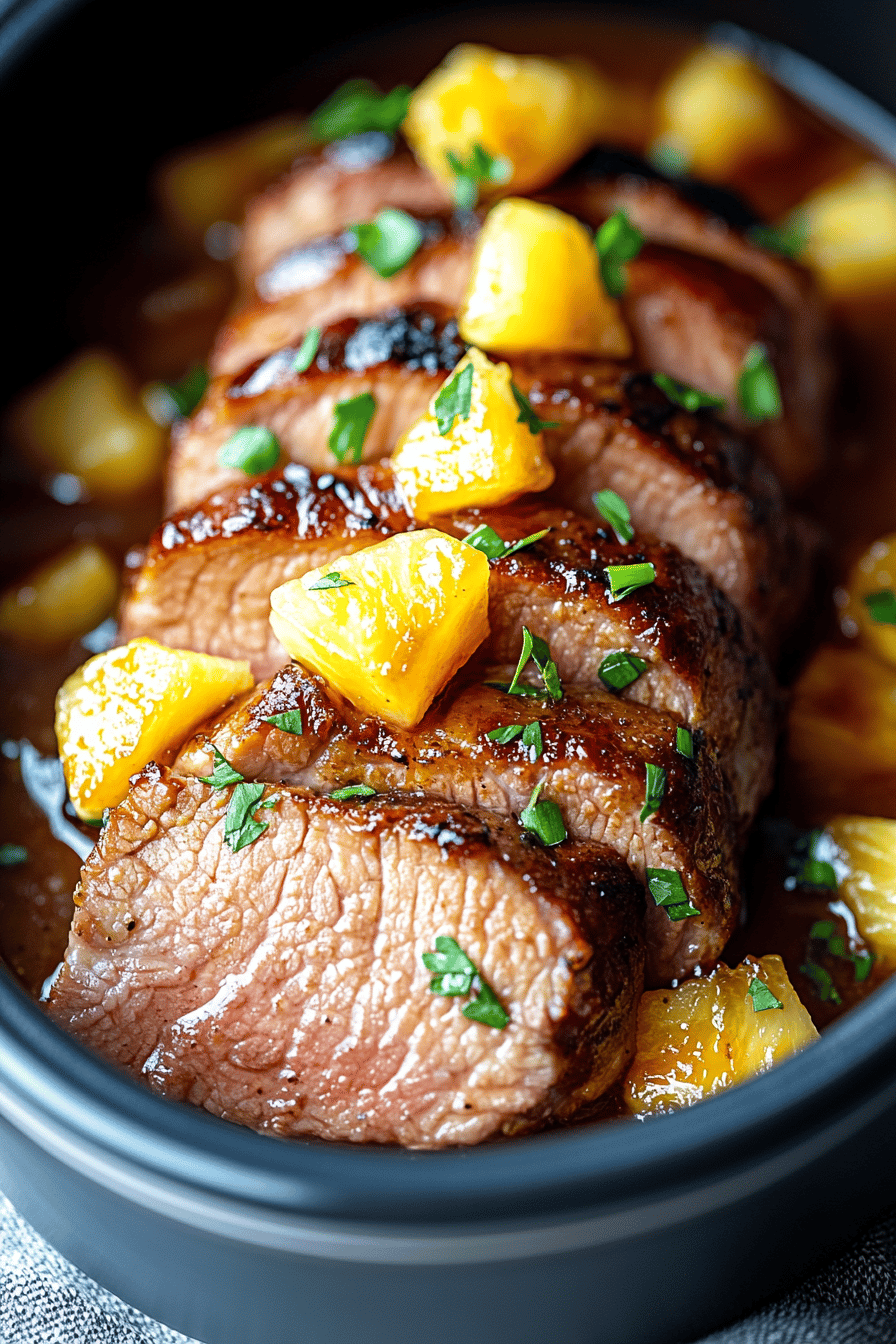 Pineapple Pork Loin slice on plate showing perfect texture and swirl pattern