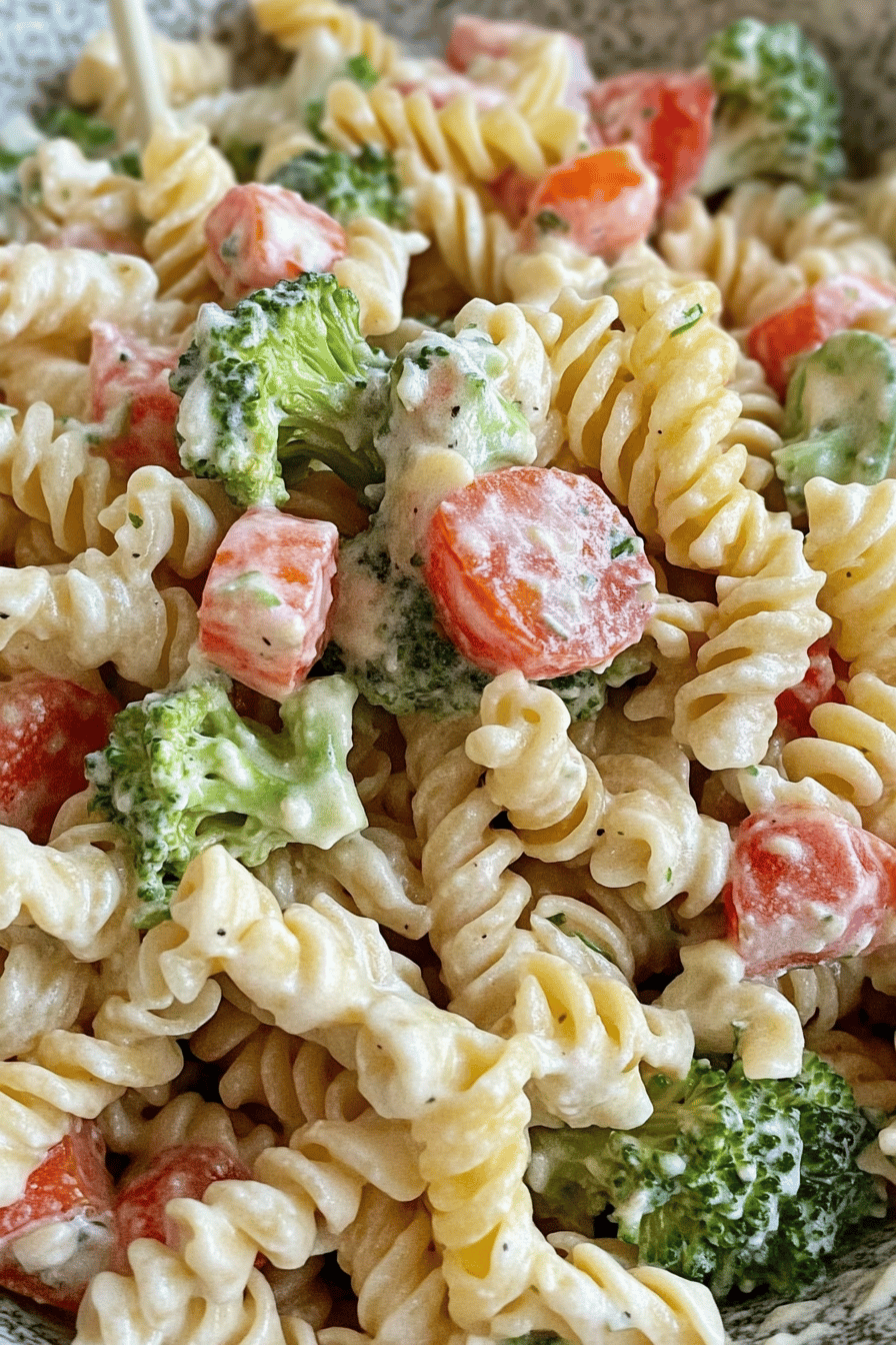 Ranch Pasta Salad ingredients organized and measured on kitchen counter