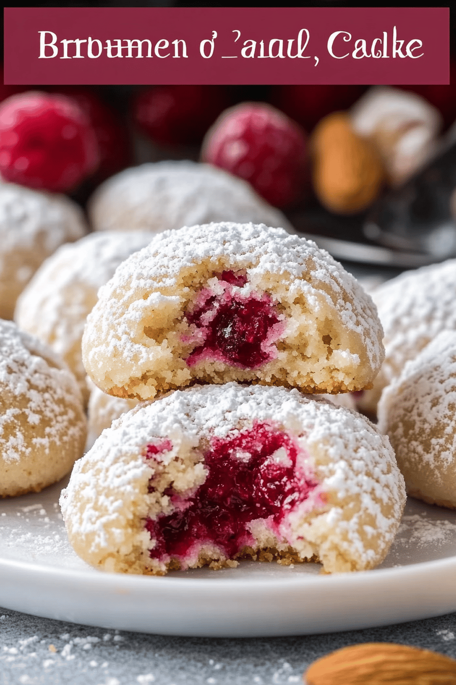 Raspberry Almond Snowball Cookies slice on plate showing perfect texture and swirl pattern