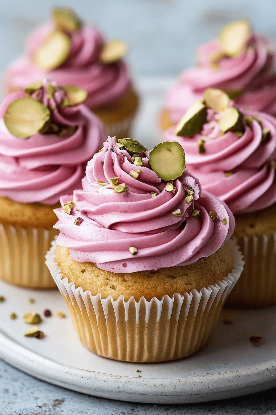 Rose Pistachio Cupcakes slice on plate showing perfect texture and swirl pattern