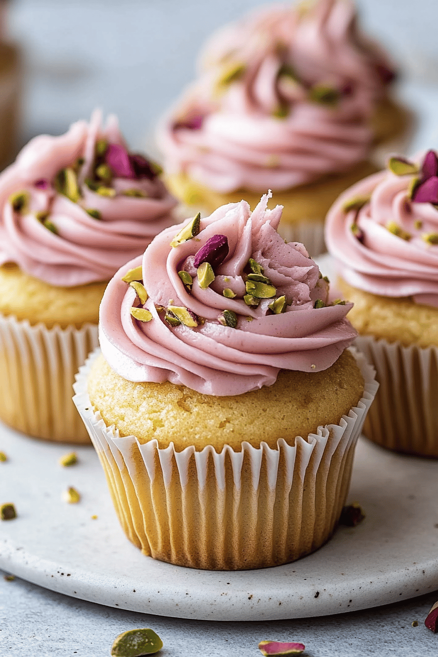 Rose Pistachio Cupcakes final dish beautifully presented and ready to serve