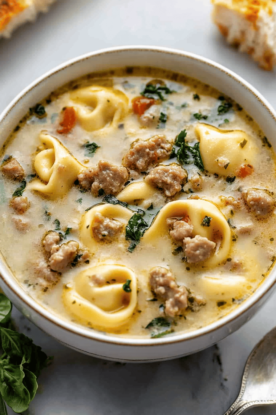 Sausage Tortellini Soup final dish beautifully presented and ready to serve