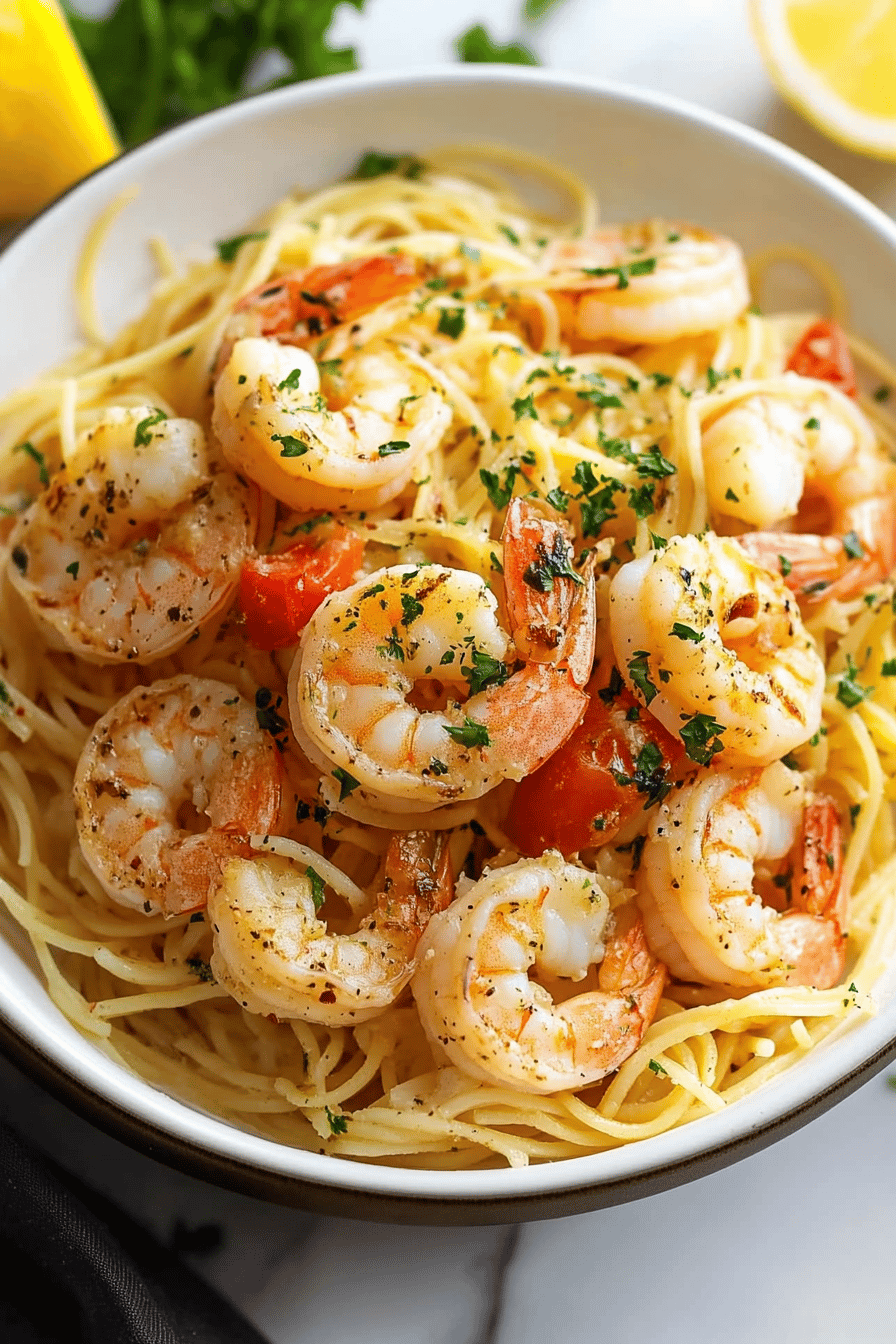Shrimp Scampi Recipe ingredients organized and measured on kitchen counter