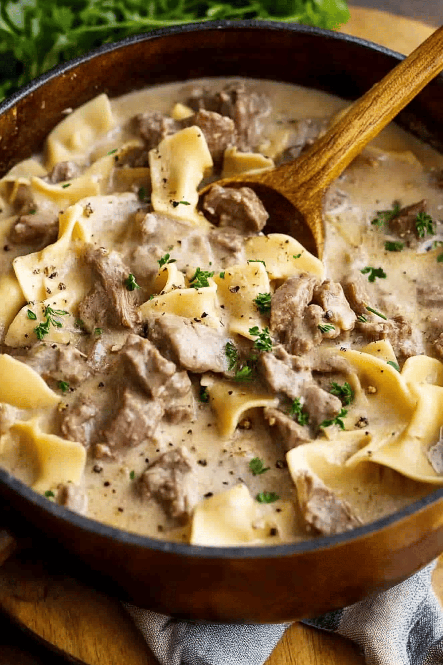 Slow Cooker Beef Stroganoff final dish beautifully presented and ready to serve