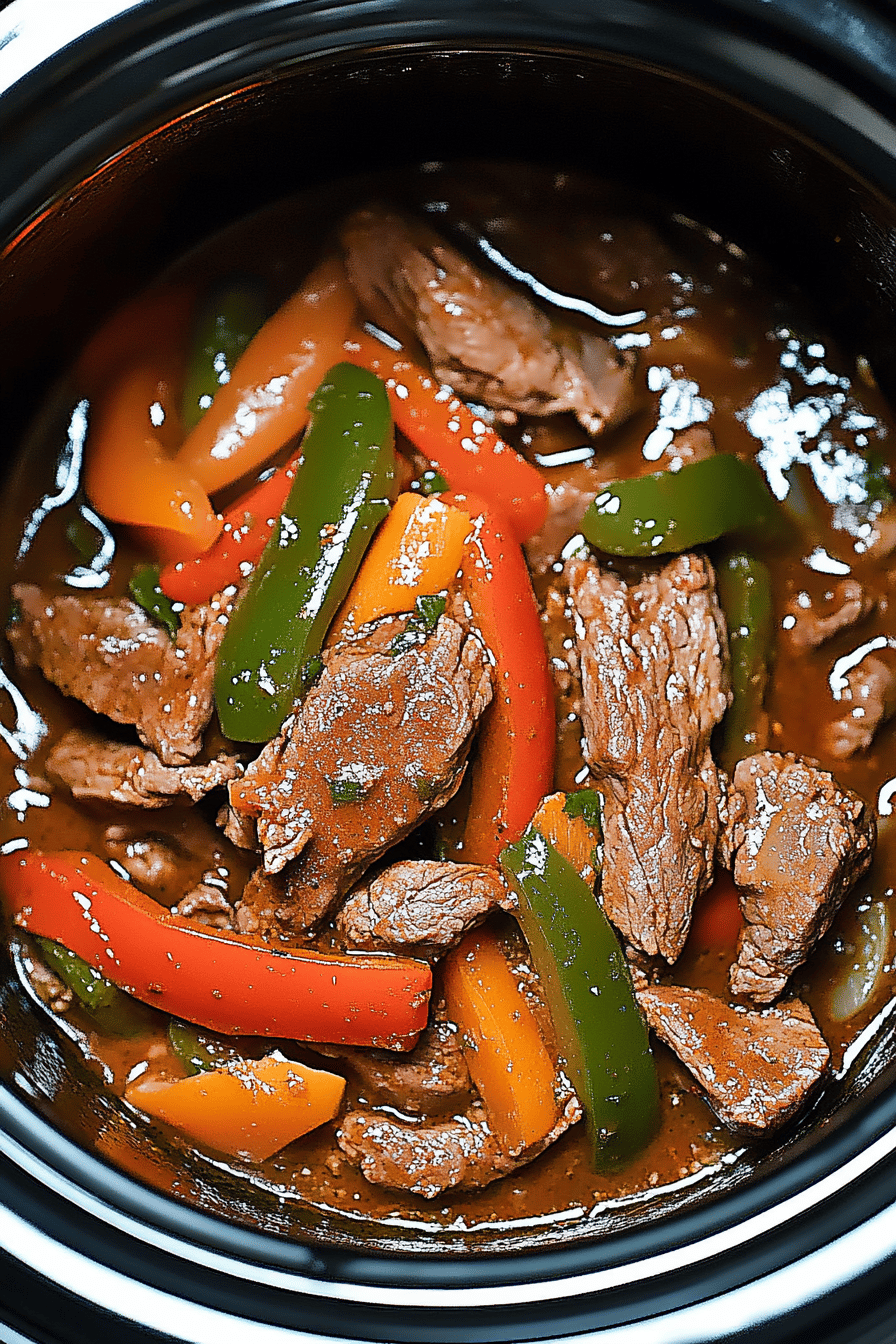 Slow Cooker Pepper Steak final dish beautifully presented and ready to serve
