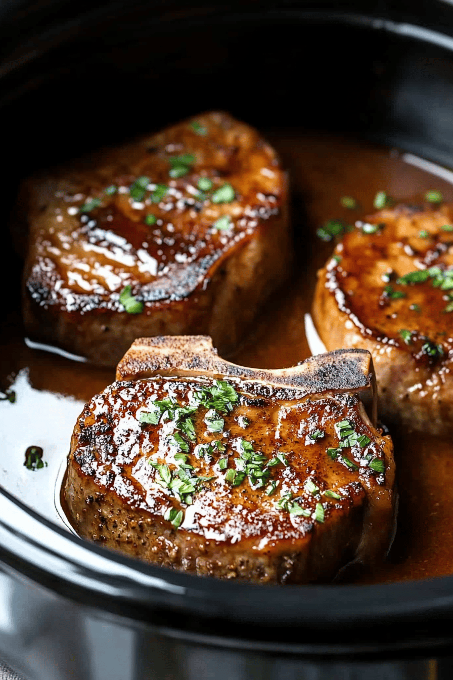 Slow Cooker Pork Chops final dish beautifully presented and ready to serve