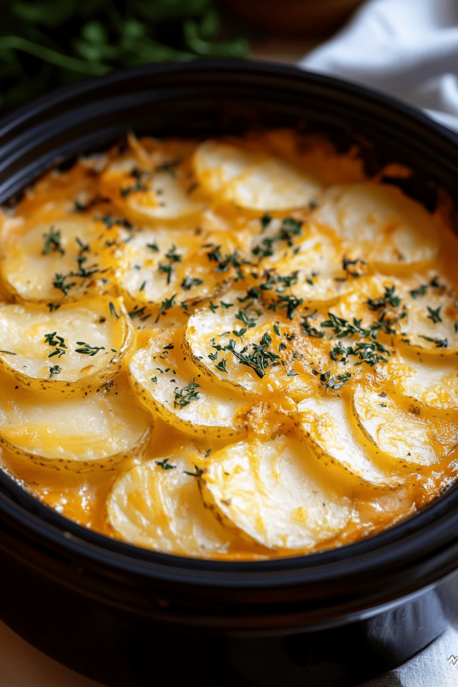 Slow Cooker Scalloped Potatoes final dish beautifully presented and ready to serve