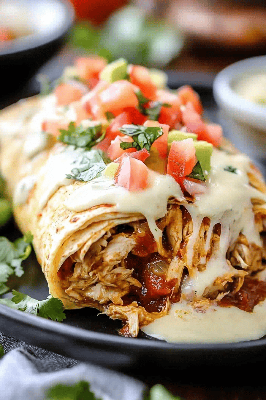 Smothered Baked Chicken Burritos slice on plate showing perfect texture and swirl pattern