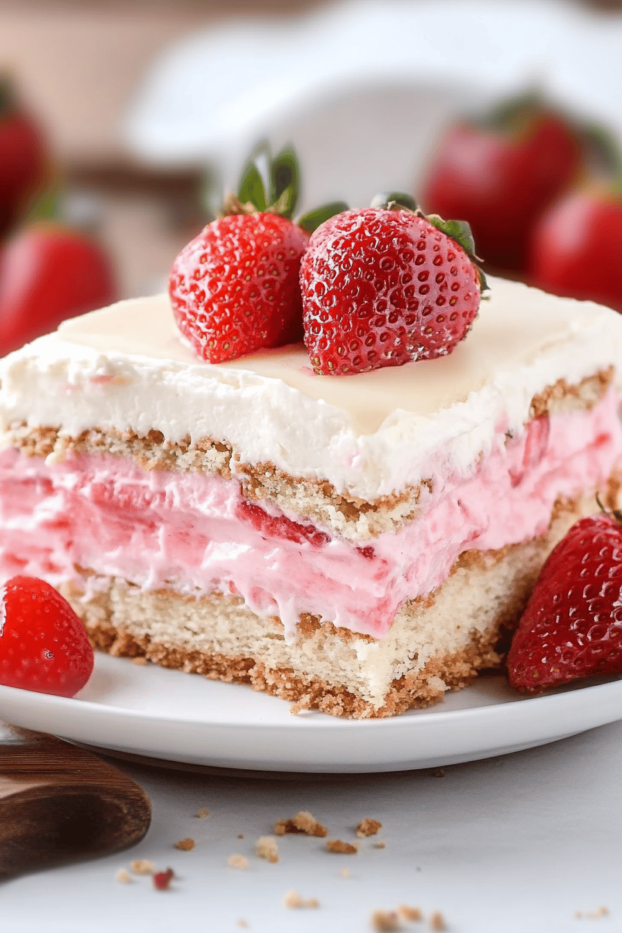 Strawberry Eclair Cake final dish beautifully presented and ready to serve