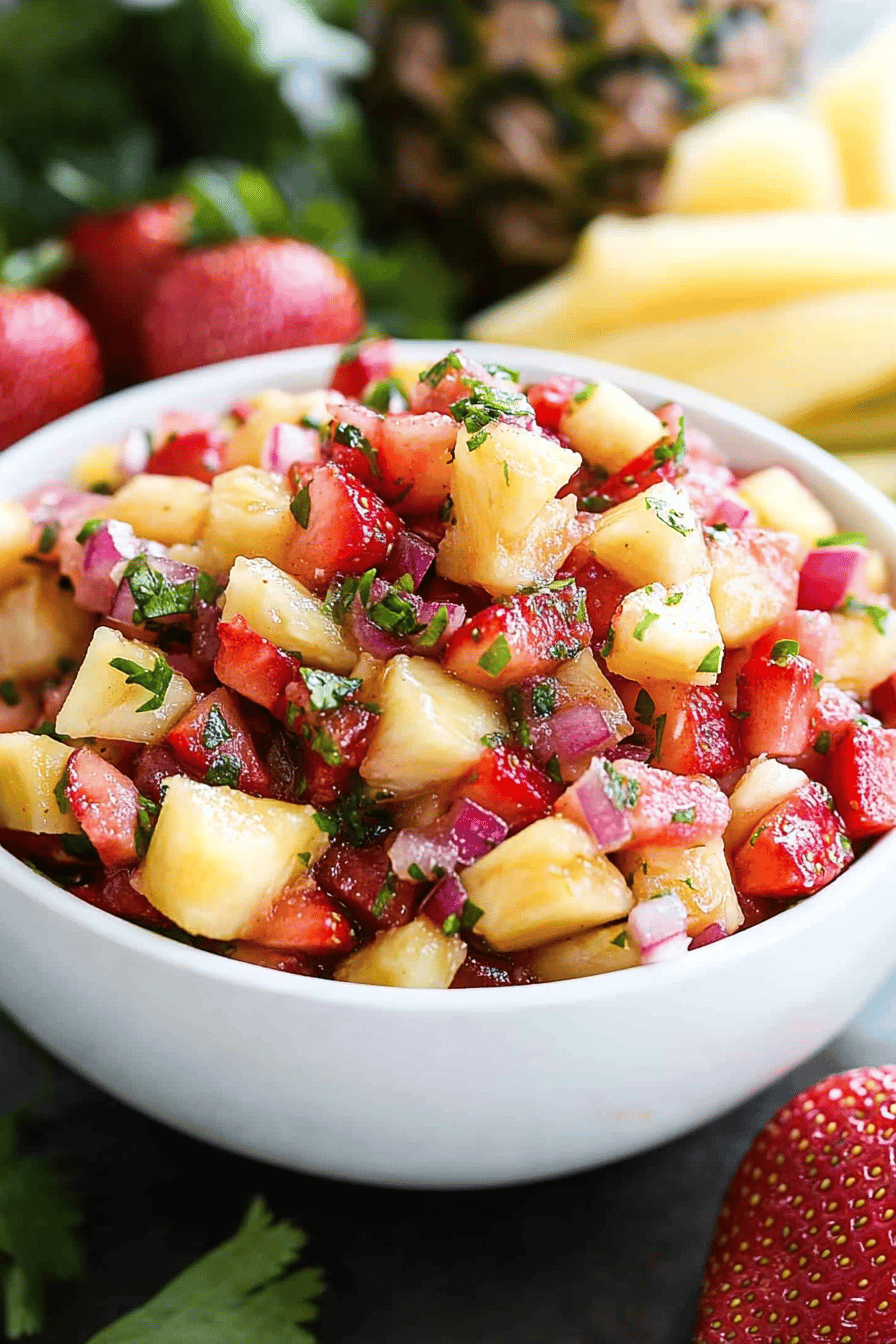 Strawberry Pineapple Salsa ingredients organized and measured on kitchen counter