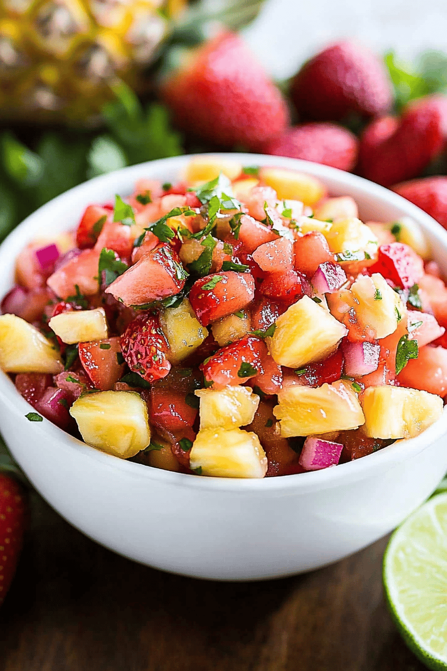 Strawberry Pineapple Salsa slice on plate showing perfect texture and swirl pattern