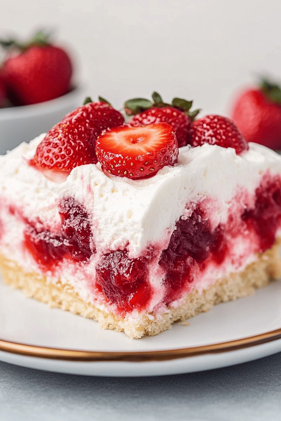 Strawberry Shortcake Poke Cake final dish beautifully presented and ready to serve