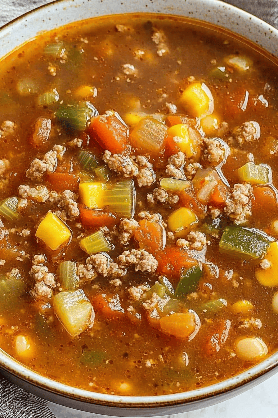 Tomato Hamburger Soup final dish beautifully presented and ready to serve