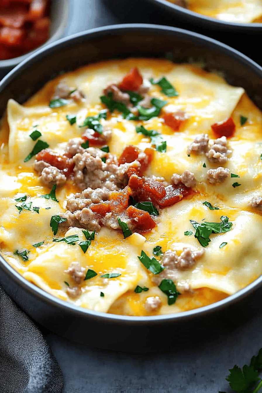 bake ravioli with meat sauce ingredients organized and measured on kitchen counter