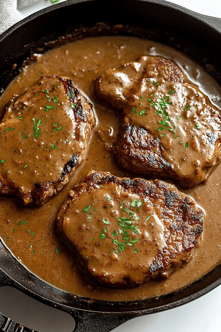 cook steak with gravy ingredients organized and measured on kitchen counter