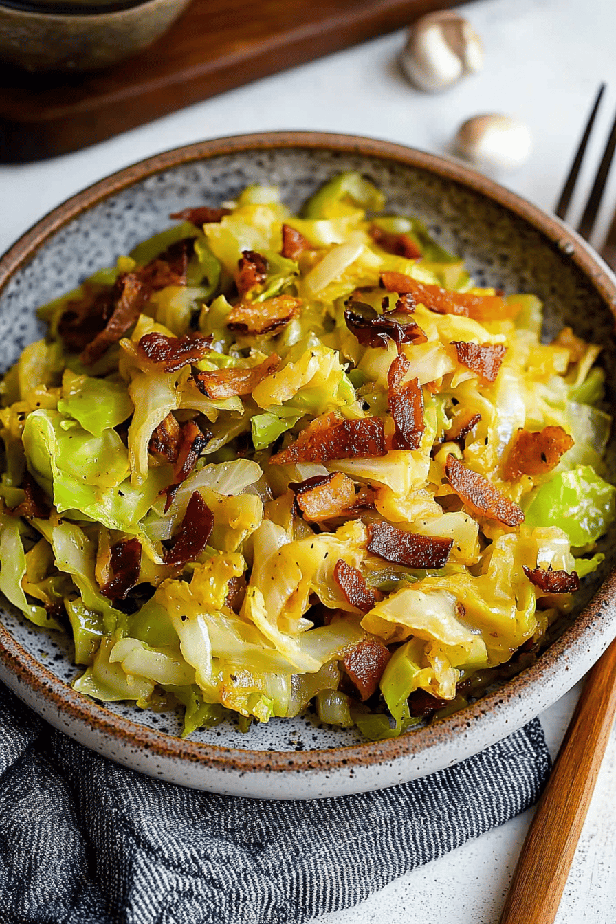 fried cabbage side dish slice on plate showing perfect texture and swirl pattern