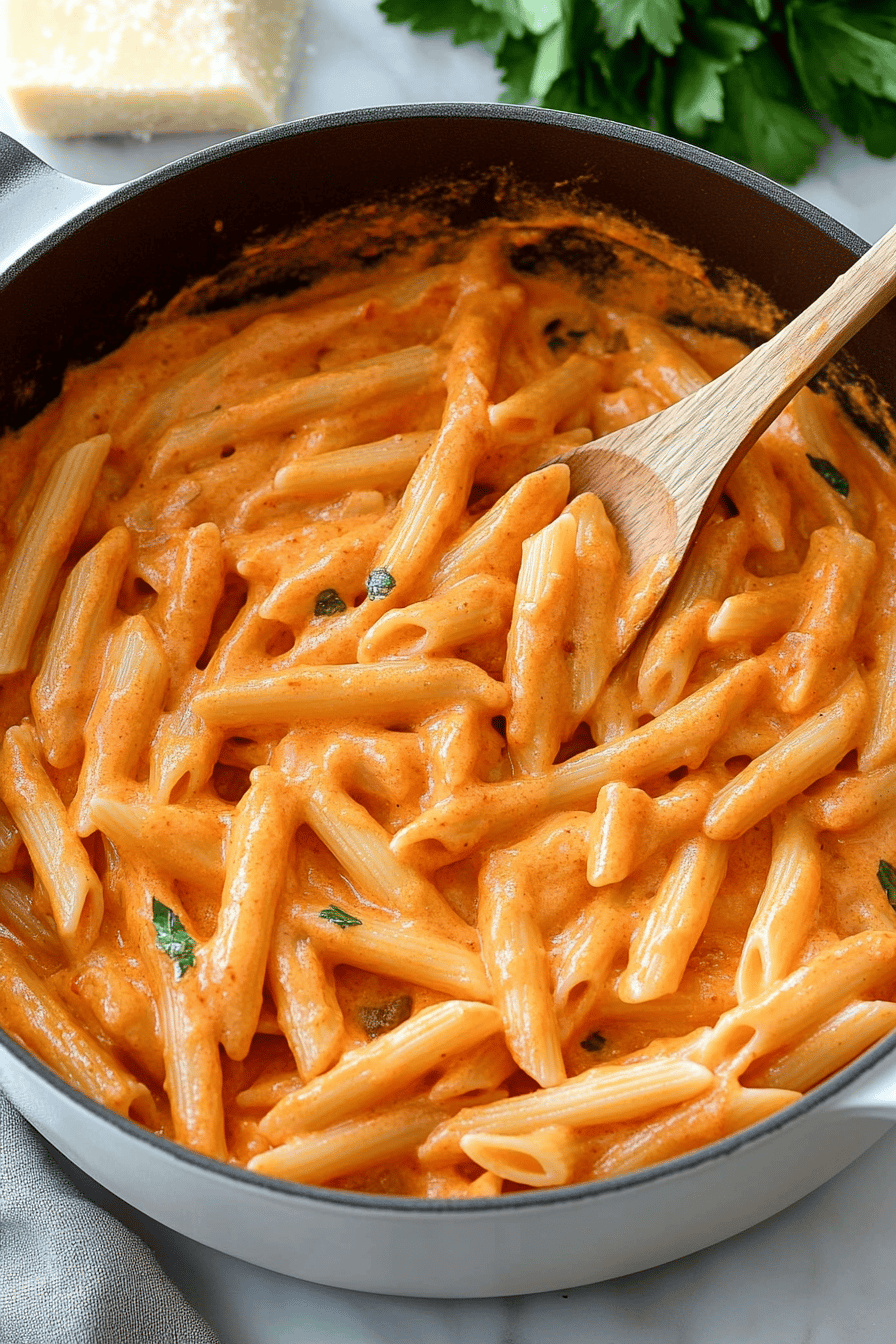 pink sauce pasta recipe ingredients organized and measured on kitchen counter