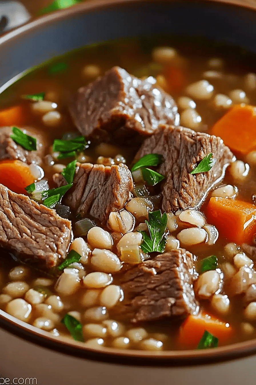 Beef Barley Soup Recipe ingredients organized and measured on kitchen counter