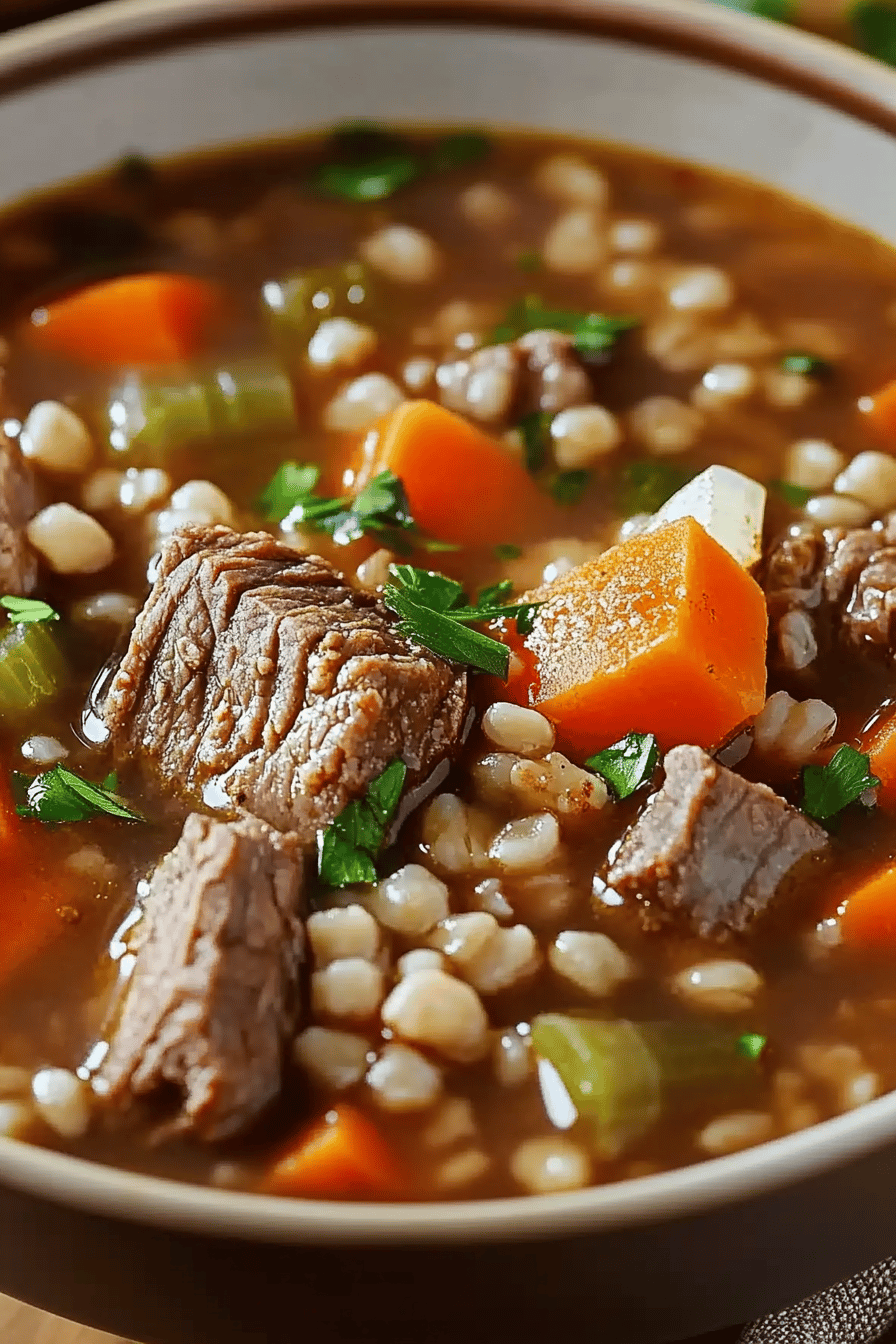 Beef Barley Soup Recipe slice on plate showing perfect texture and swirl pattern