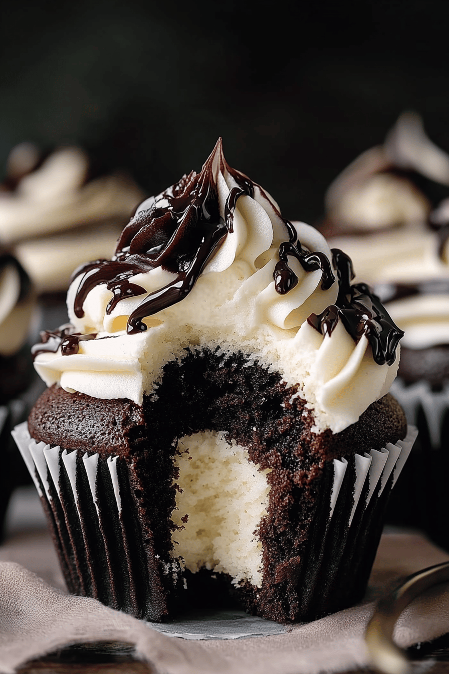 Black and White Cupcake slice on plate showing perfect texture and swirl pattern
