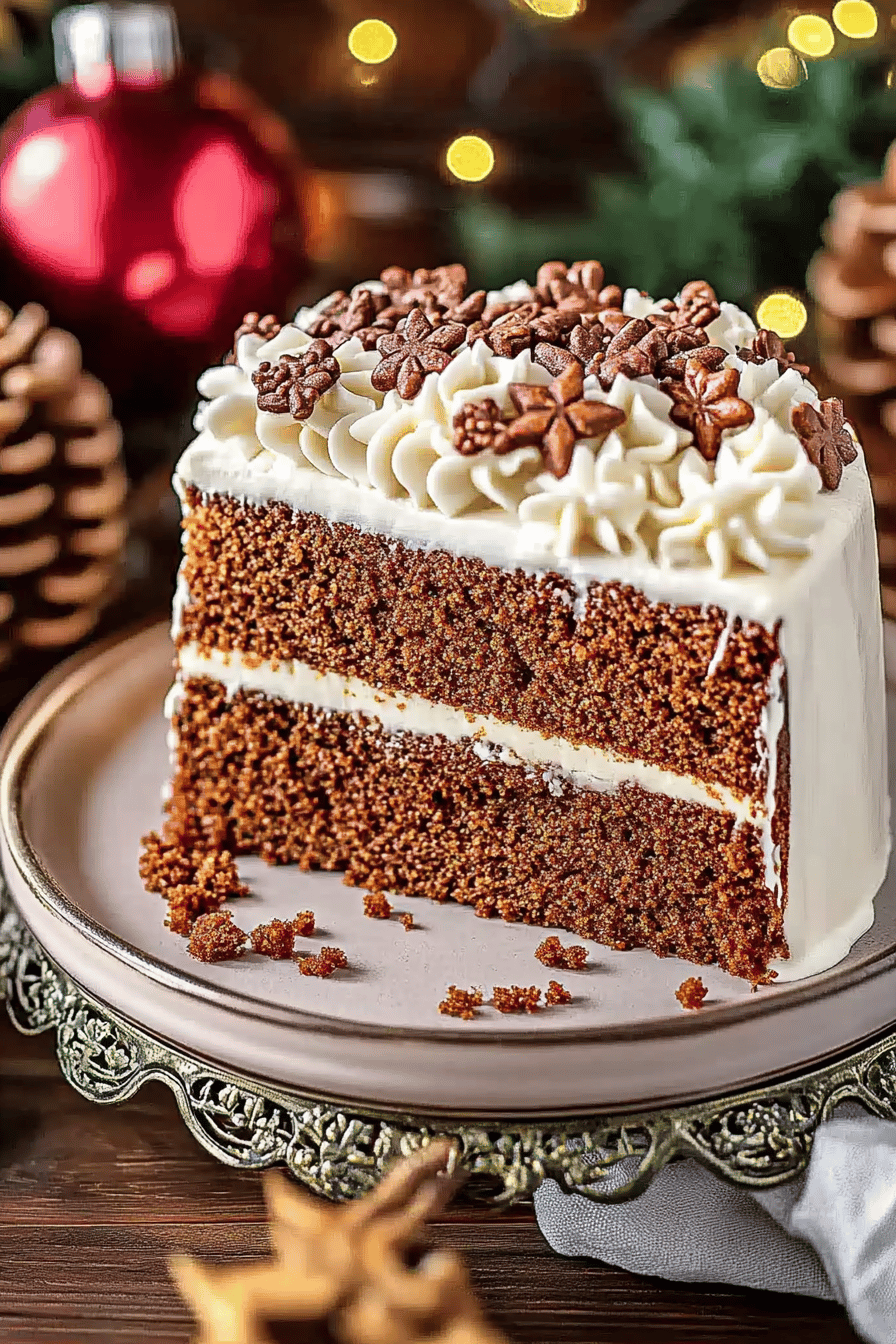 Christmas Gingerbread Cake slice on plate showing perfect texture and swirl pattern