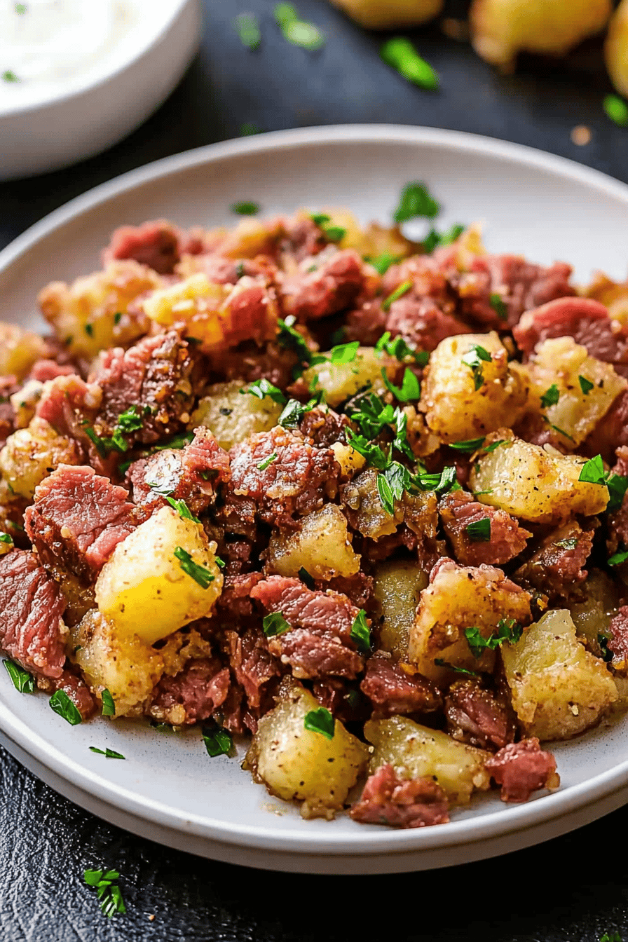 Corned Beef Hash Recipe ingredients organized and measured on kitchen counter