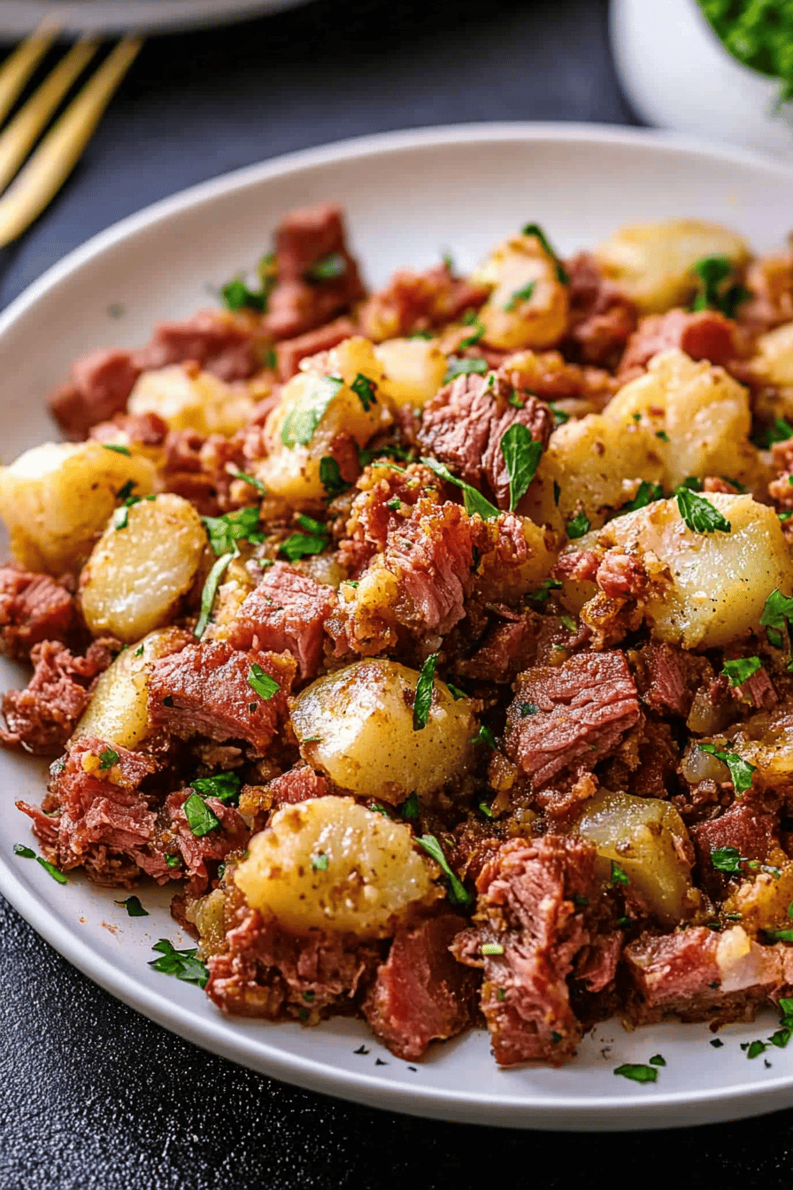 Corned Beef Hash Recipe slice on plate showing perfect texture and swirl pattern