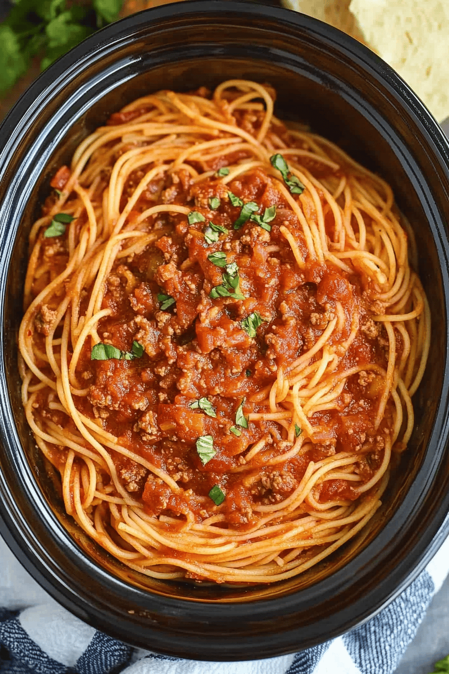 Crock-Pot Spaghetti slice on plate showing perfect texture and swirl pattern