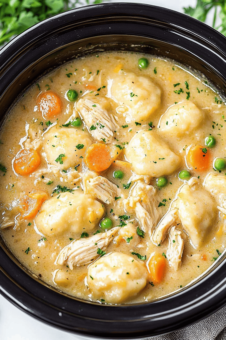 Crockpot Chicken and Dumplings slice on plate showing perfect texture and swirl pattern