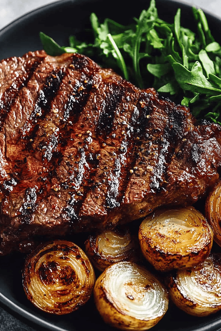 Grilled Ribeye Steak slice on plate showing perfect texture and swirl pattern