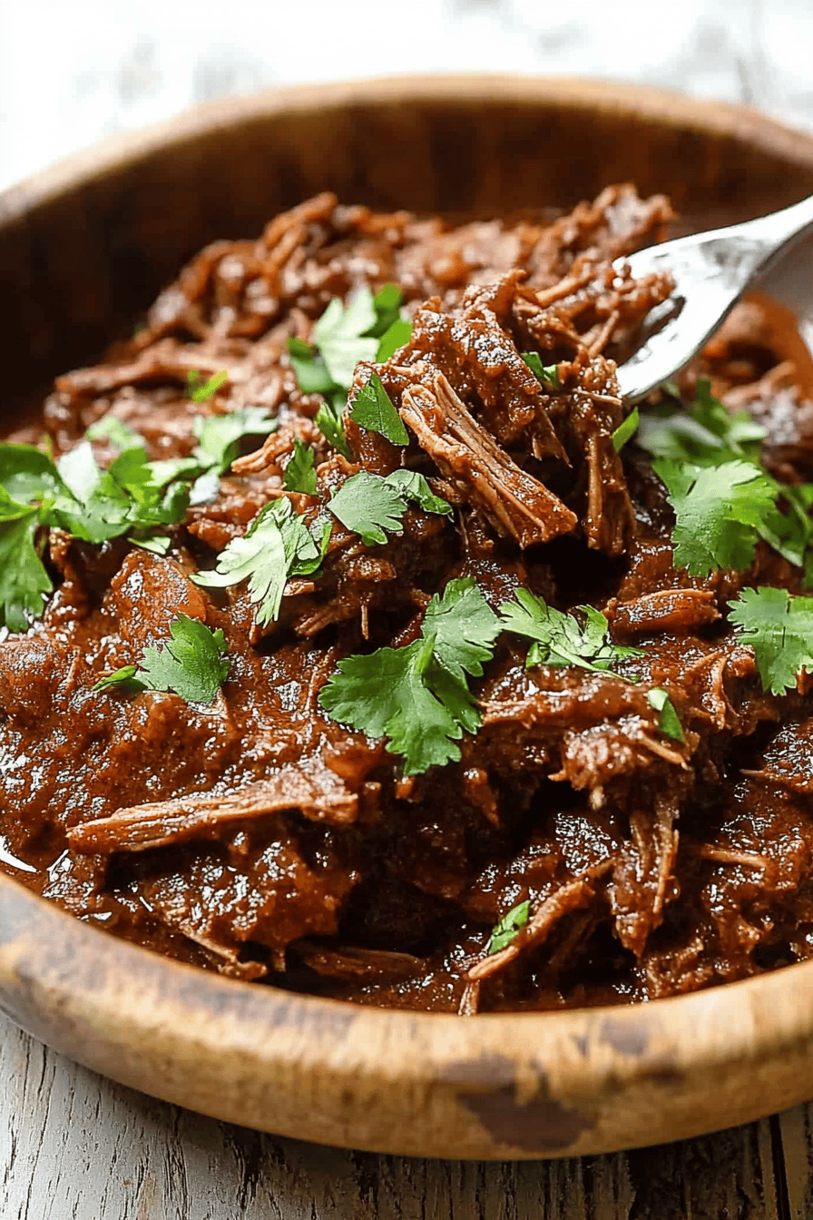 Mexican Shredded Beef slice on plate showing perfect texture and swirl pattern