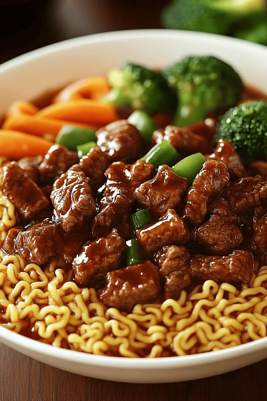 Mongolian beef ramen slice on plate showing perfect texture and swirl pattern