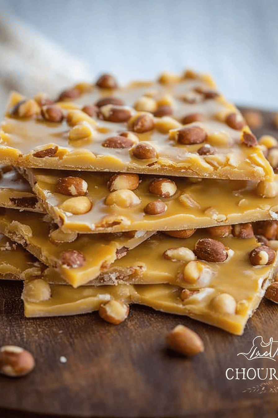 Peanut brittle recipe slice on plate showing perfect texture and swirl pattern
