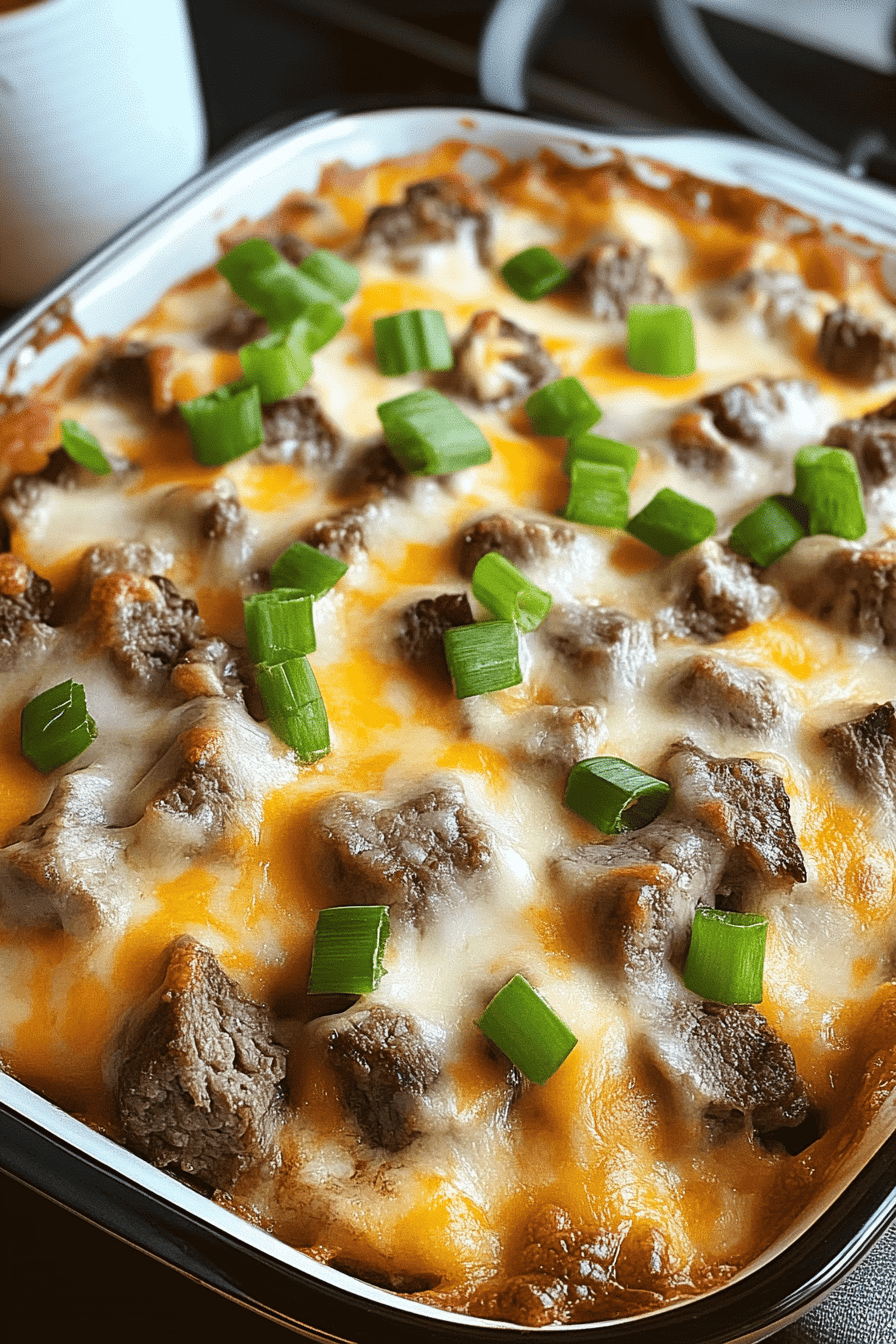 Philly cheese steak casserole ingredients organized and measured on kitchen counter