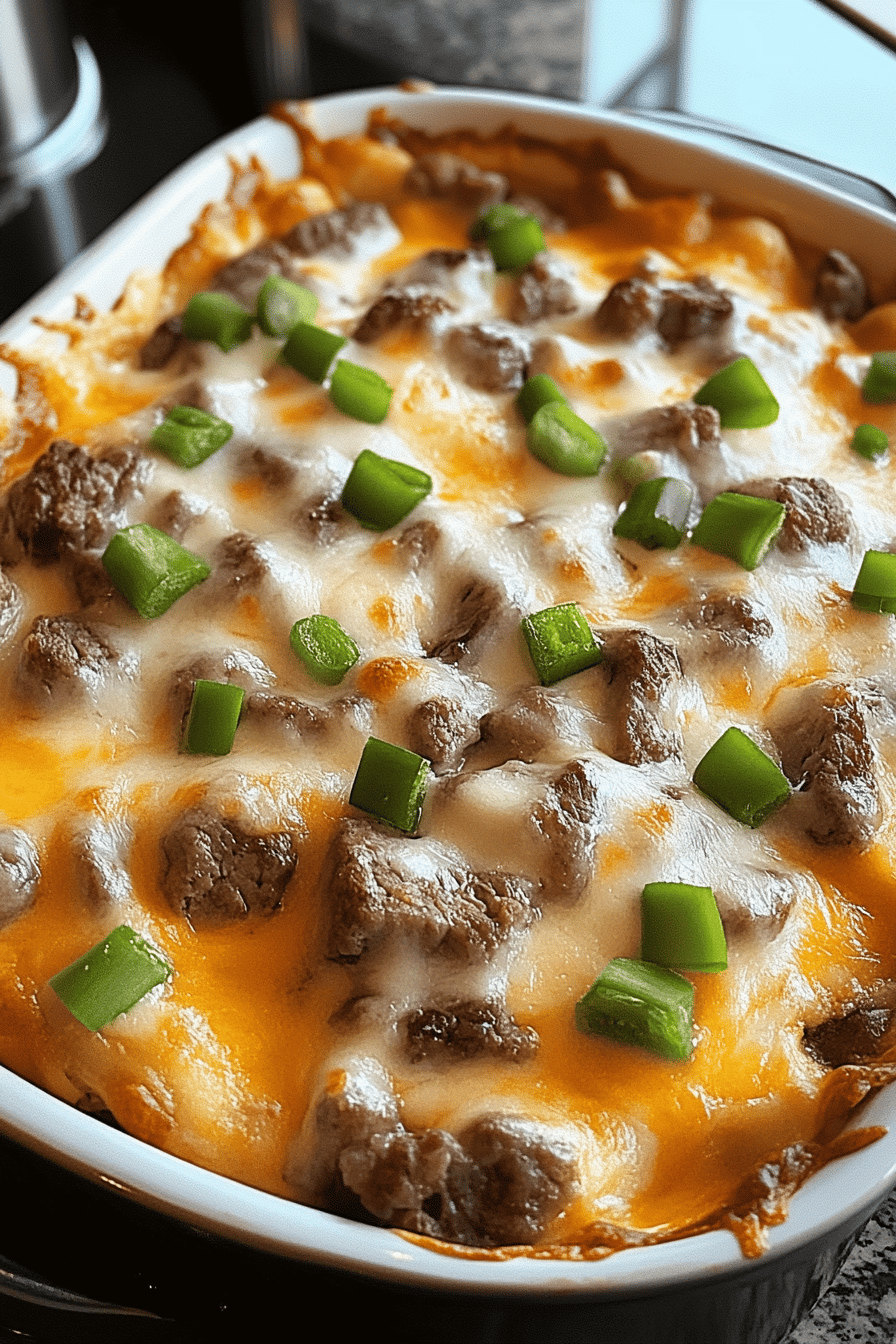Philly cheese steak casserole slice on plate showing perfect texture and swirl pattern