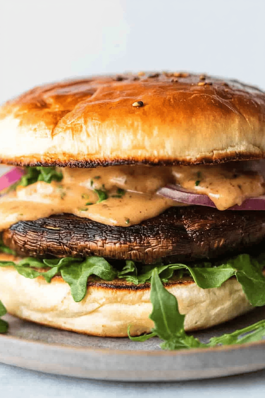 Portobello mushroom burger slice on plate showing perfect texture and swirl pattern